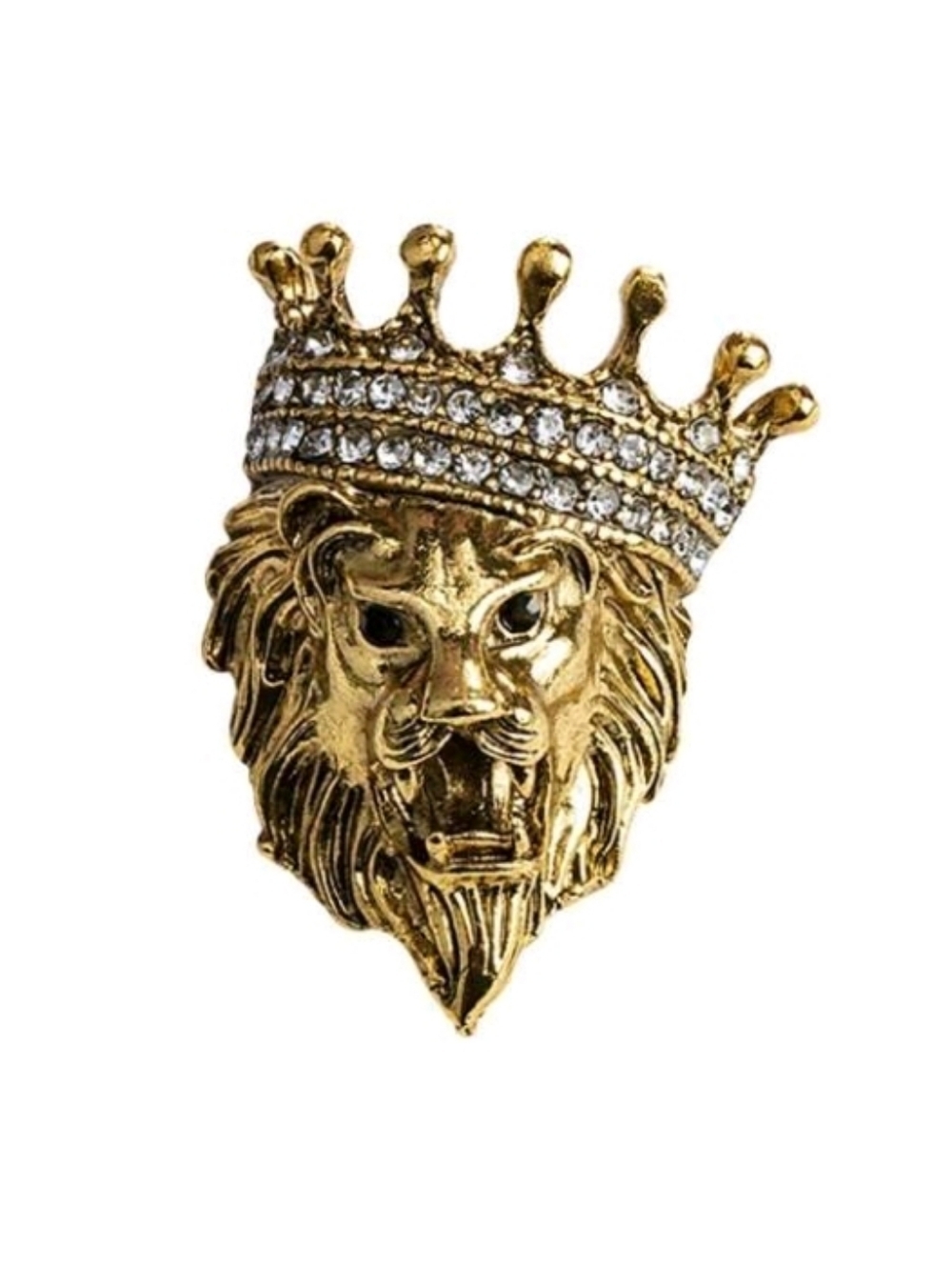 Gold Lion King Head Crown Brooch Pin with Silver Rhinestones